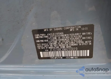 2022 Subaru Crosstrek z USA, uszkodzony, nr VIN JF2GTABCXNH210019